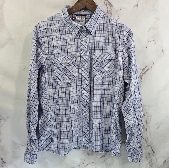 Simms Shirt Women Medium Purple Blue Button Up Long Plaid Vented Fishing Guide - Picture 1 of 10